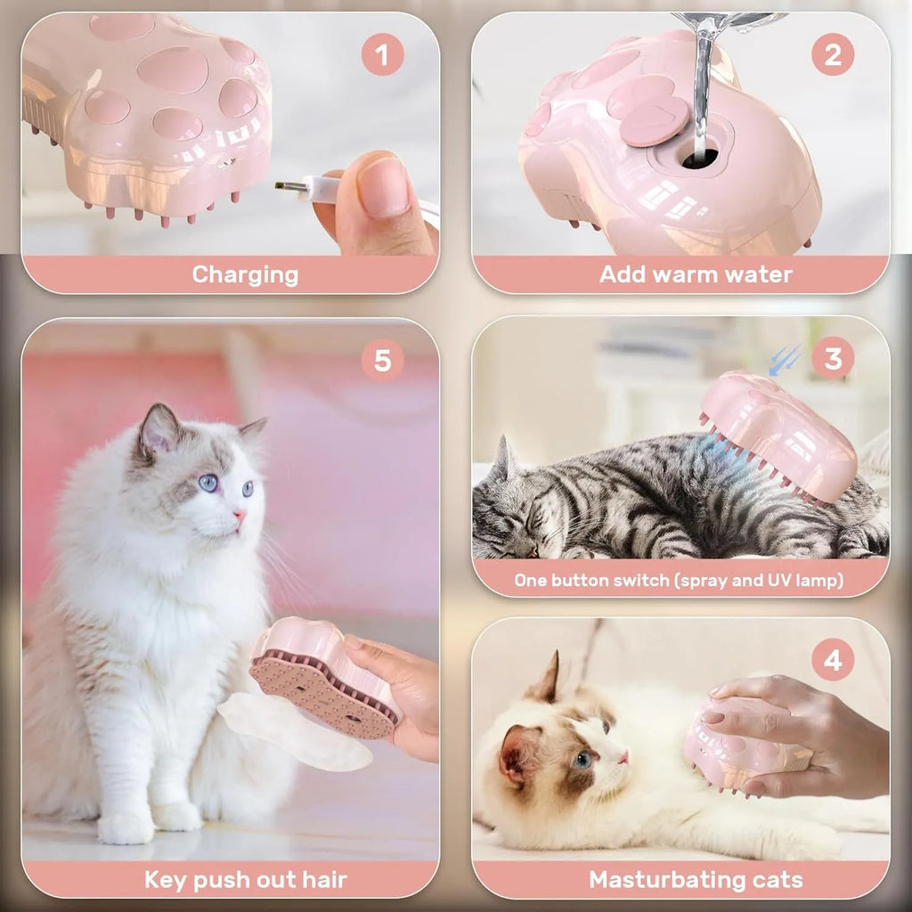 Self-cleaning cat steam brush with silicone brush head and release button for pet grooming