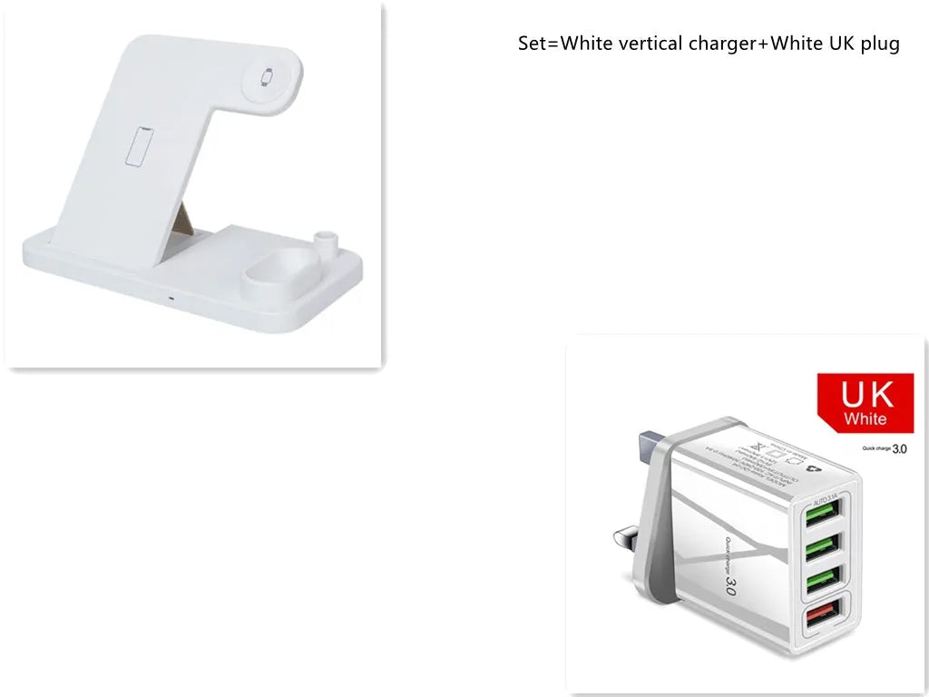 Black and white 4-in-1 wireless charging station showing phone on adjustable stand, Apple Watch, AirPods, and Apple Pencil charging simultaneously.