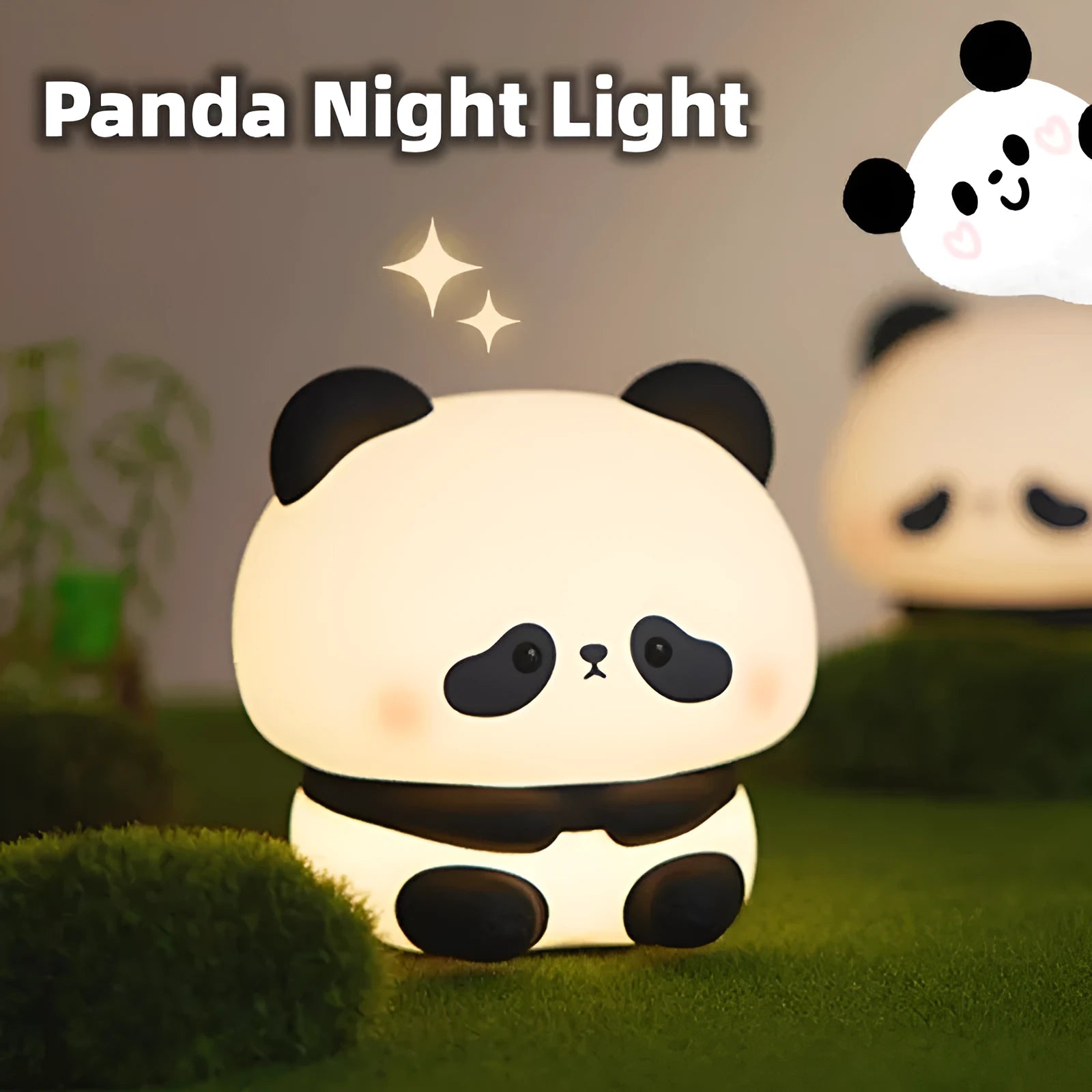 Panda LED night light with soft silicone head, USB rechargeable, touch control, colourful lights, on a bedside table