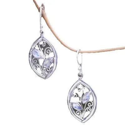Silver-coloured leaf earrings with embedded colourful moonstones, drop design for women