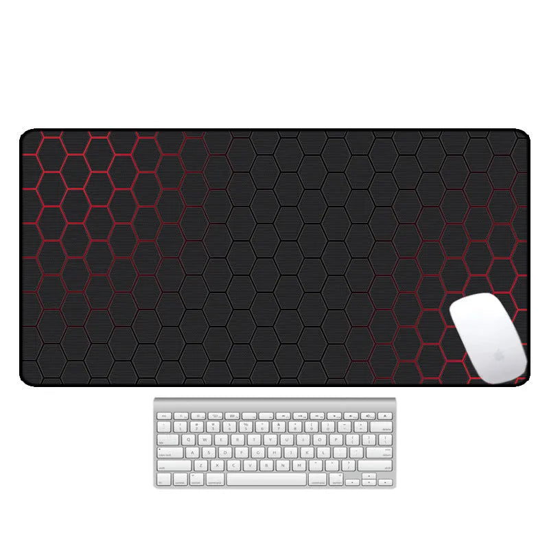 Large natural rubber desk mat with printed pattern, shown on a desk with keyboard and mouse.