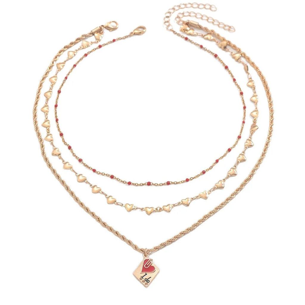 Women's three-layer geometric love necklace with heart pendant on adjustable clavicle chain