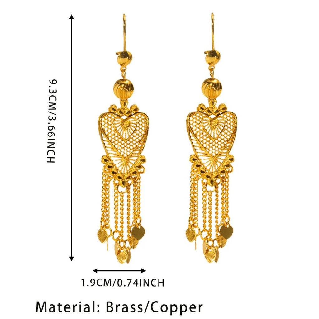 Golden hollow heart tassel long drop copper earrings for women retro OL style