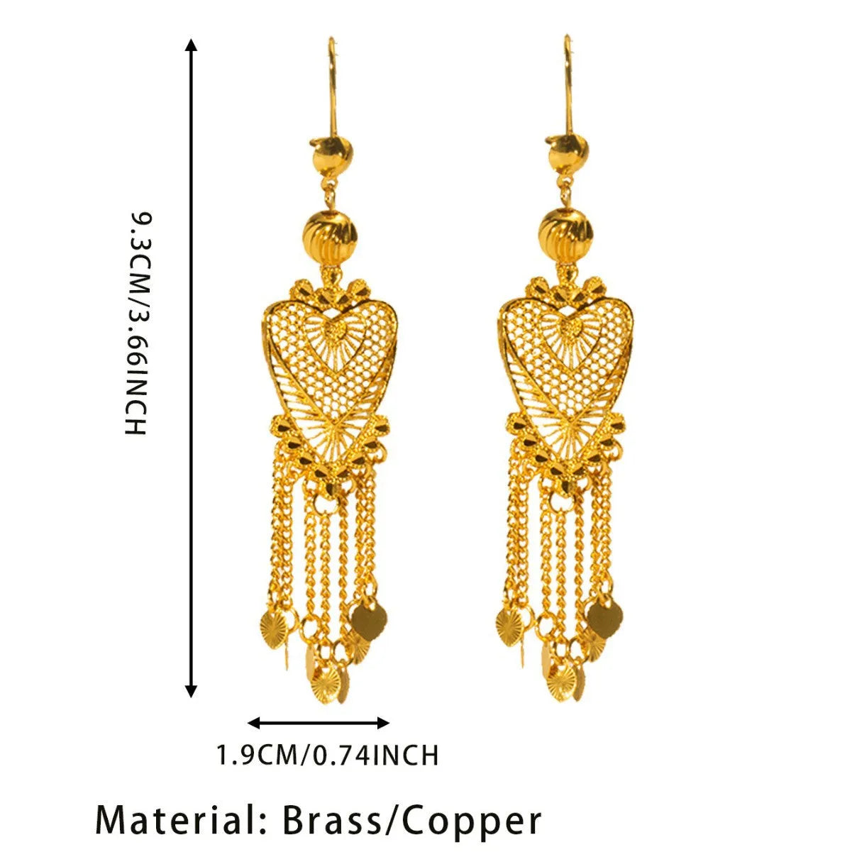 Golden hollow heart tassel long drop copper earrings for women retro OL style