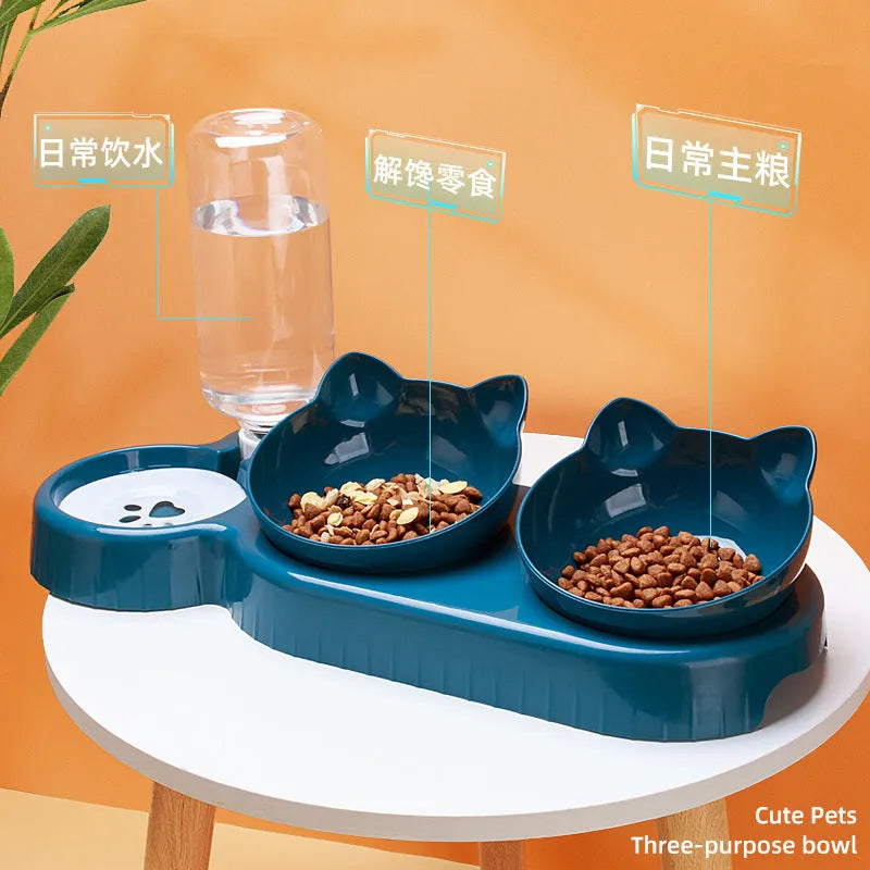 Pet supplies food basin double bowl with cervical spine protective automatic drinking bowl in plastic