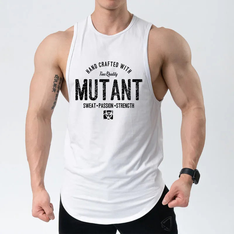 Loose grey polyester fitness vest sleeveless shirt on a hanger, showing its waistcoat design.