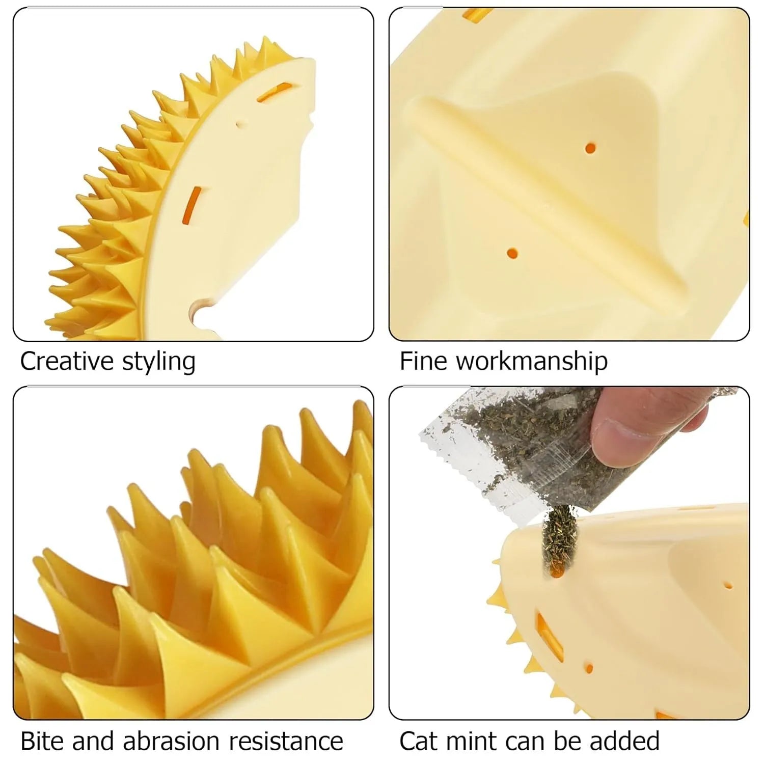 Yellow durian-shaped cat corner scratcher mounted on wall with catnip powder packet