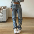 Washed blue high-waist straight-leg jeans on a hanger, showing the front view.