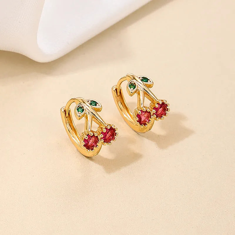 Copper earrings for women with bow and cherry shapes in gold, silver, and rose gold electroplated finishes