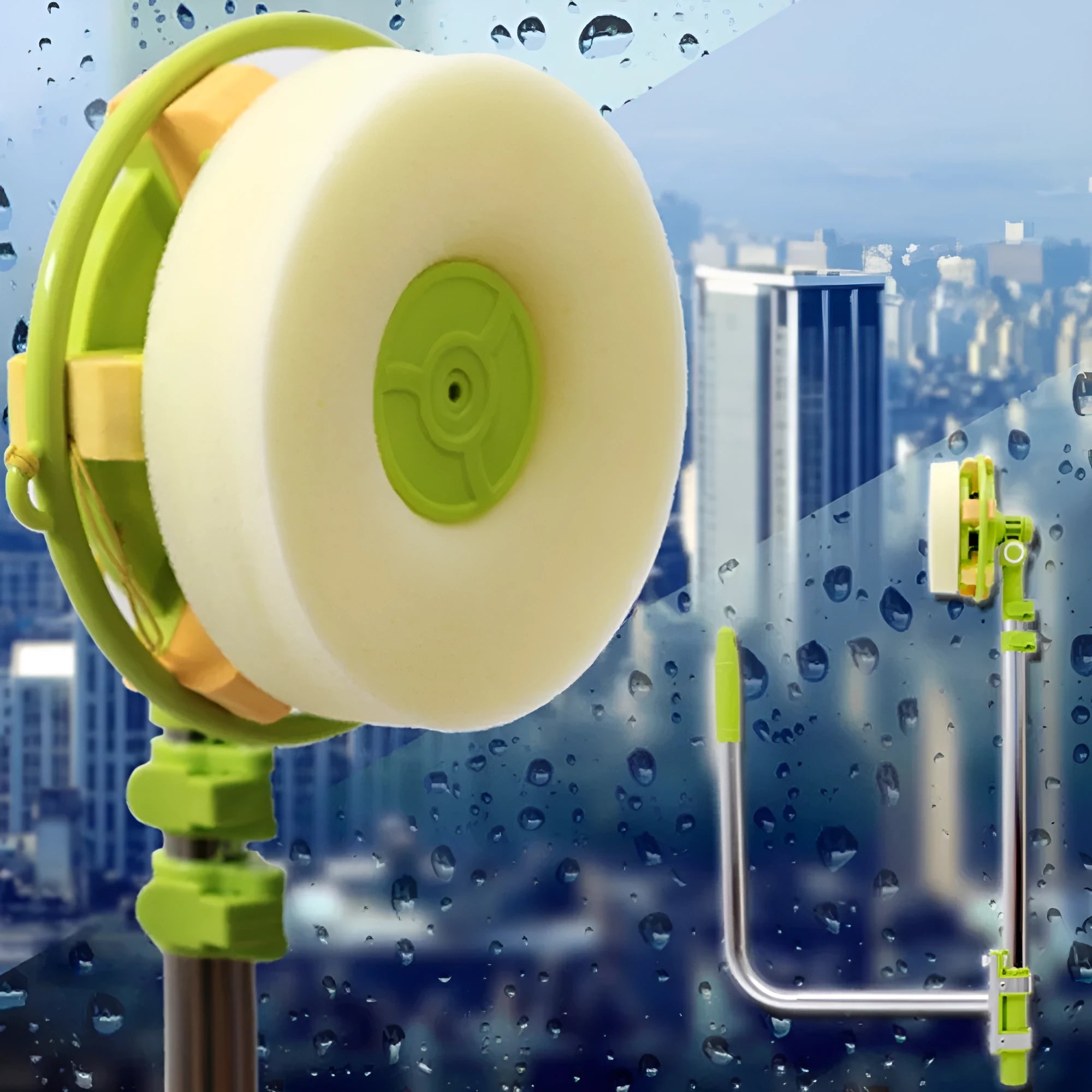 Green telescopic glass wiper with extendable handle resting on a windowsill
