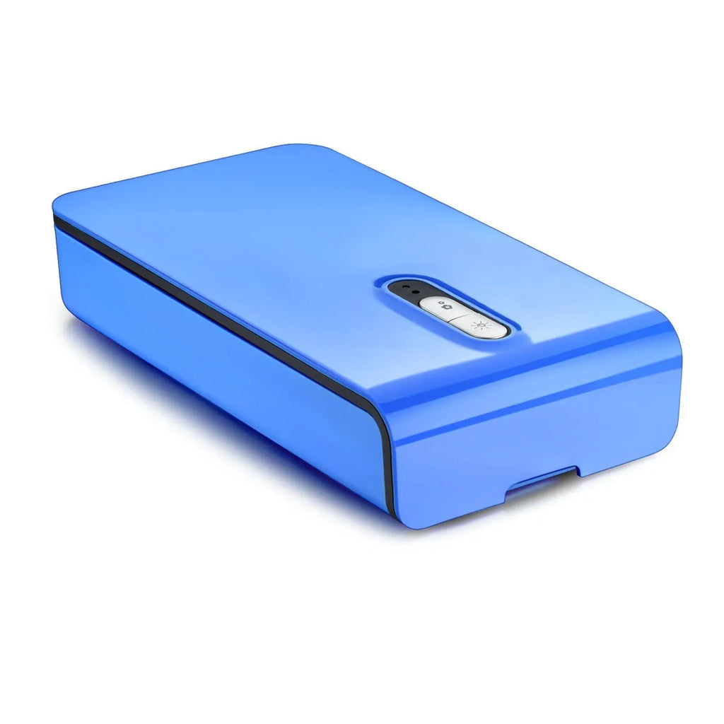Blue UV phone sterilizer disinfection machine with open lid showing interior chamber