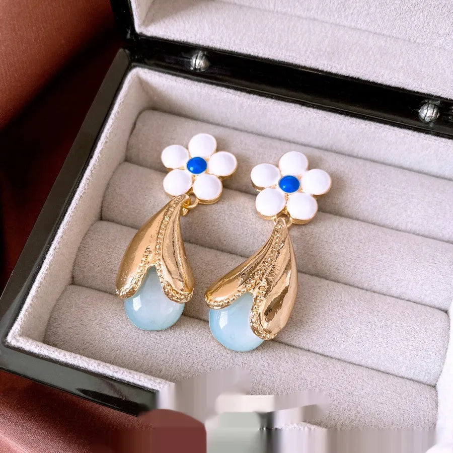 Glass flower earrings retro Chinese style dropping oil finish women all-match silver needle gold colour