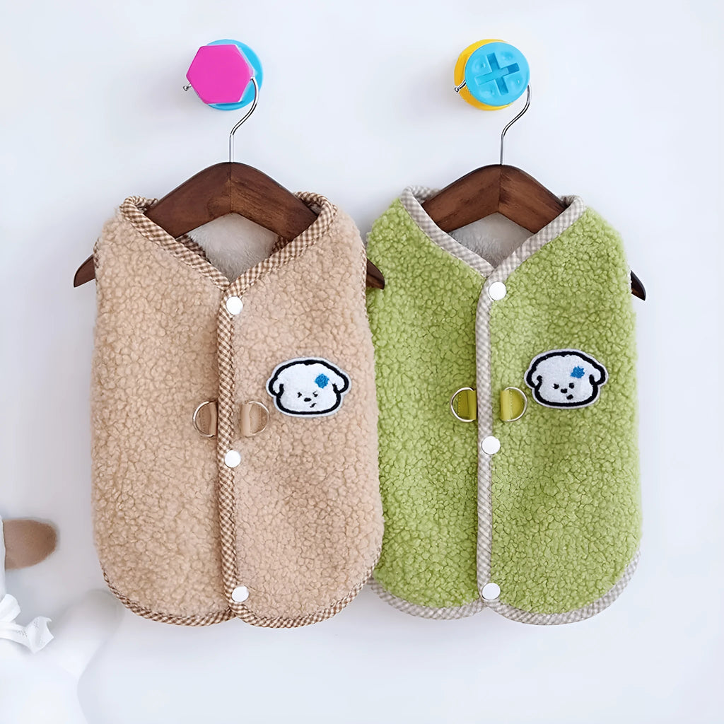 Coral fleece dog sweatshirt vest with leash ring in green colour for small pets
