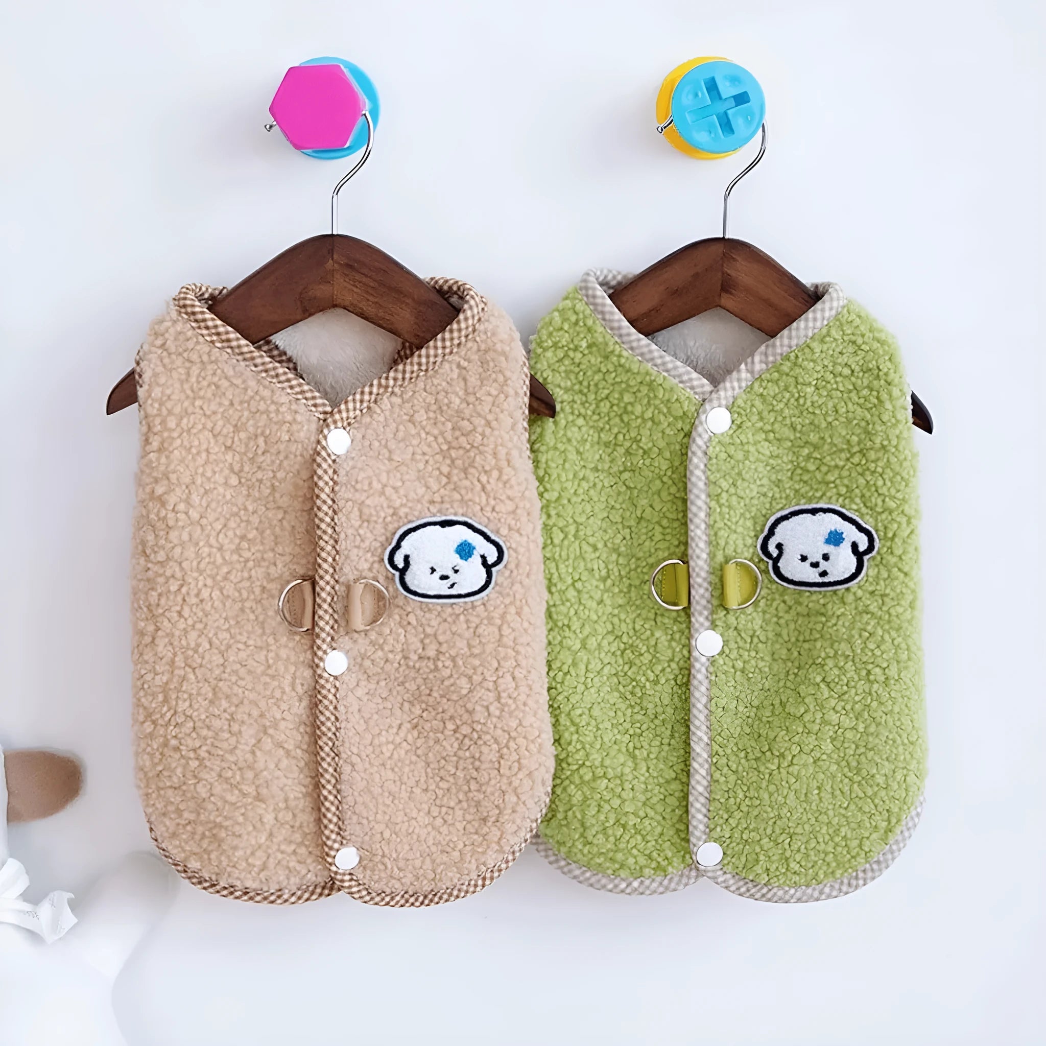 Coral fleece dog sweatshirt vest with leash ring in green colour for small pets
