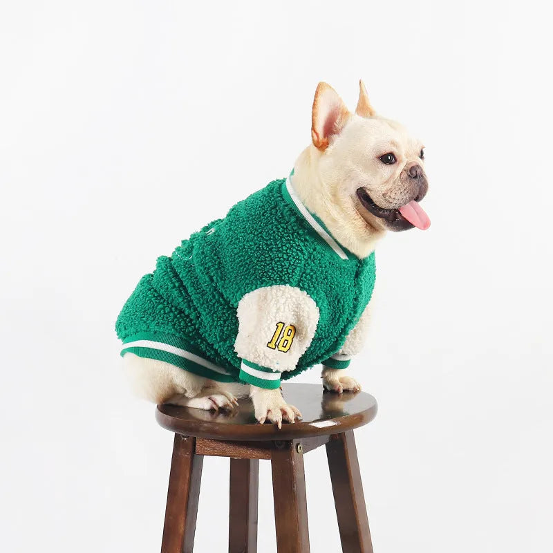 Green fleece-lined dog jumper coat for winter warmth in large to extra-extra-large sizes