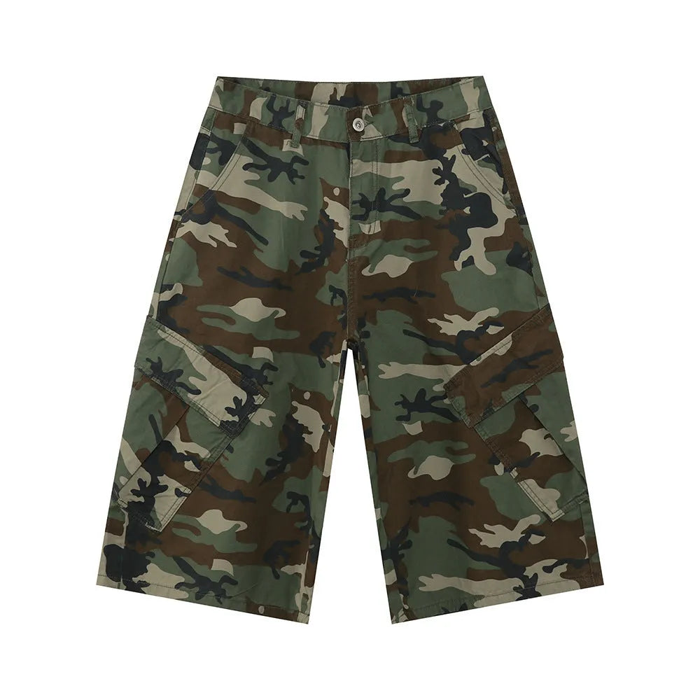 Men's camouflage coloured wide-leg cotton cargo trousers with large patch pockets and side stitching.