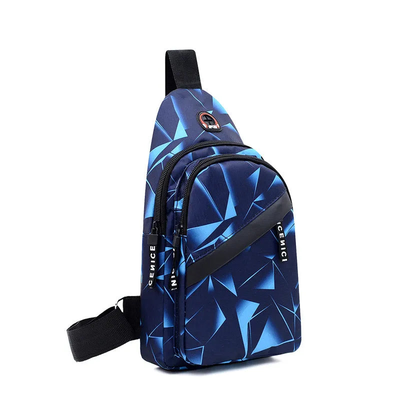 Blue Oxford cloth crossbody sling bag with earphone hole and zipper pocket.