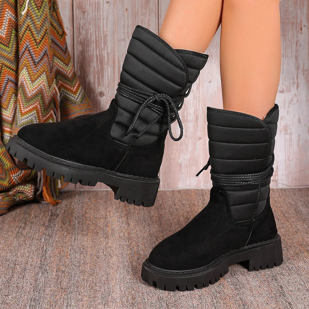 Women's chunky heel mid-tube snow boots in suede with fleece lining and lace-up design
