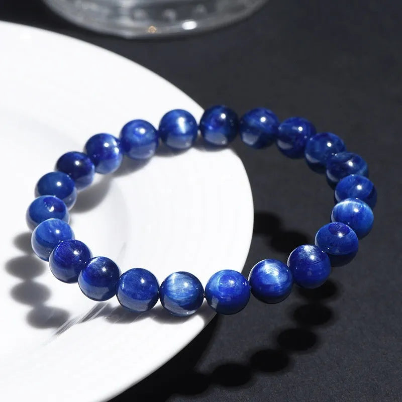 Natural blue crystal ball bracelet with geometric Ruyi design and polished 7A grade crystal beads