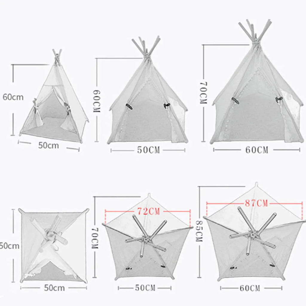 White striped linen teepee tent bed for small dog with cushion inside