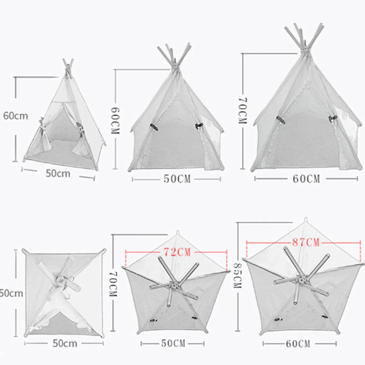 White striped linen teepee tent bed for small dog with cushion inside