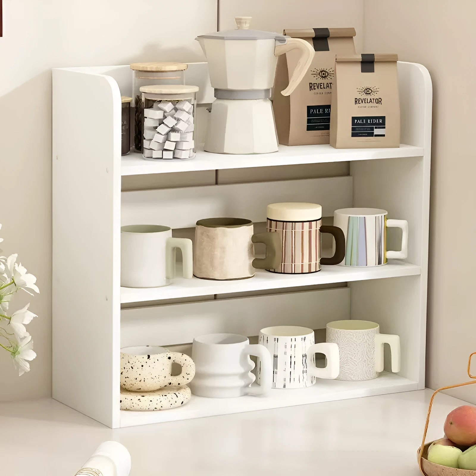 Desktop layered storage shelf with PVC expansion sheet construction, two-layer rounded design, on a wooden table