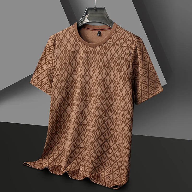 Man wearing a loose fit black round neck short sleeve T-shirt made from Ice Silk fabric.