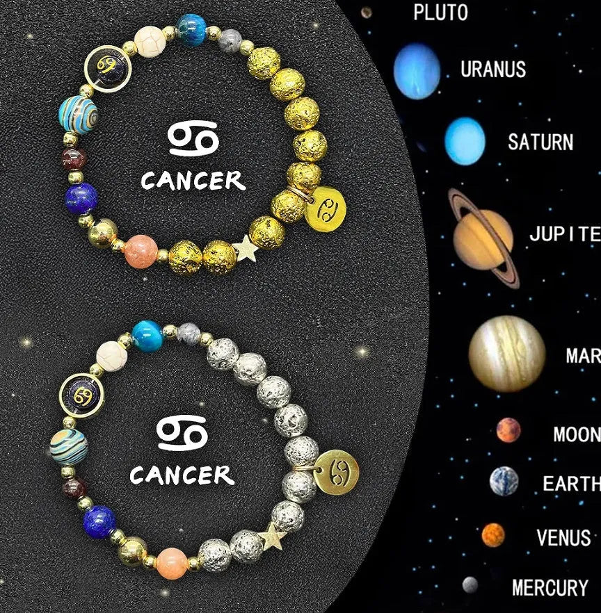 Set of two natural stone beaded bracelets with Zodiac sign charms on a dark background.