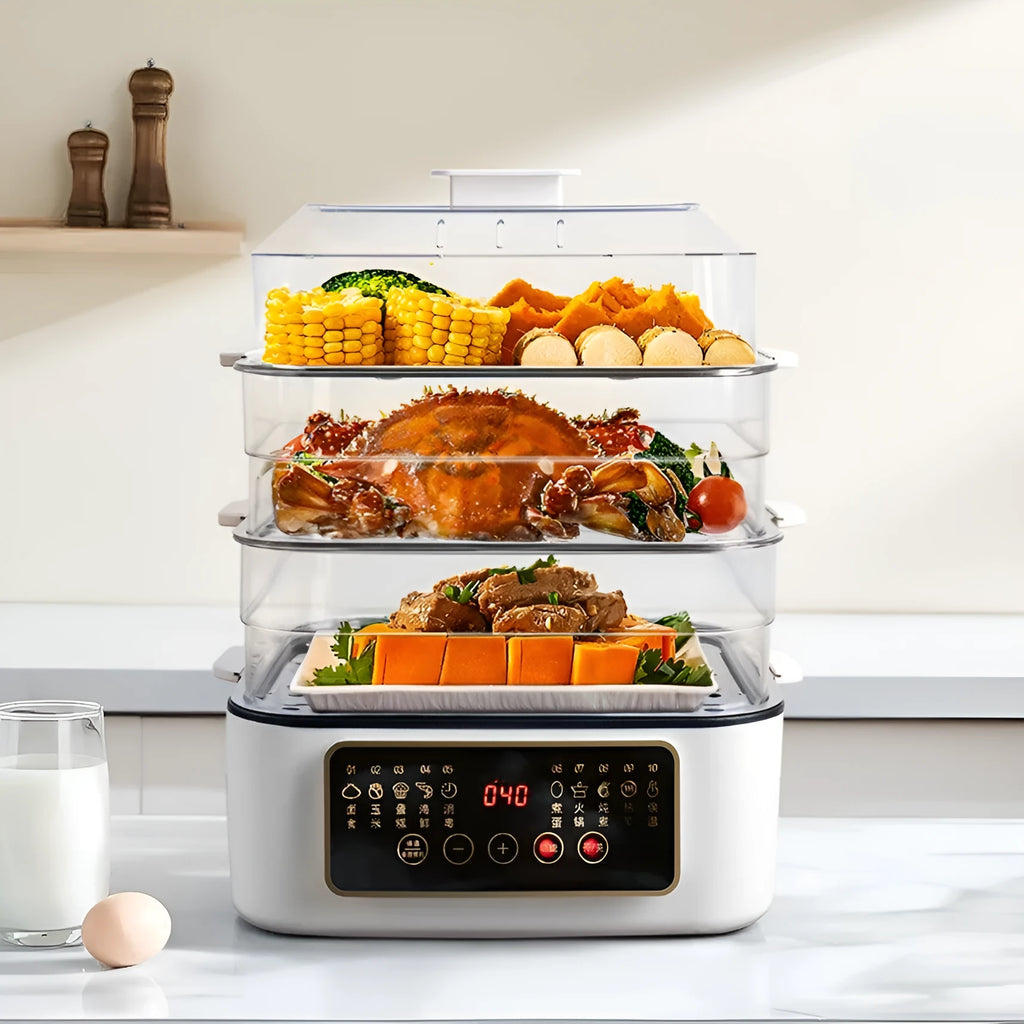 Household electric food steamer with stainless steel rack showing 10-litre capacity and control panel.