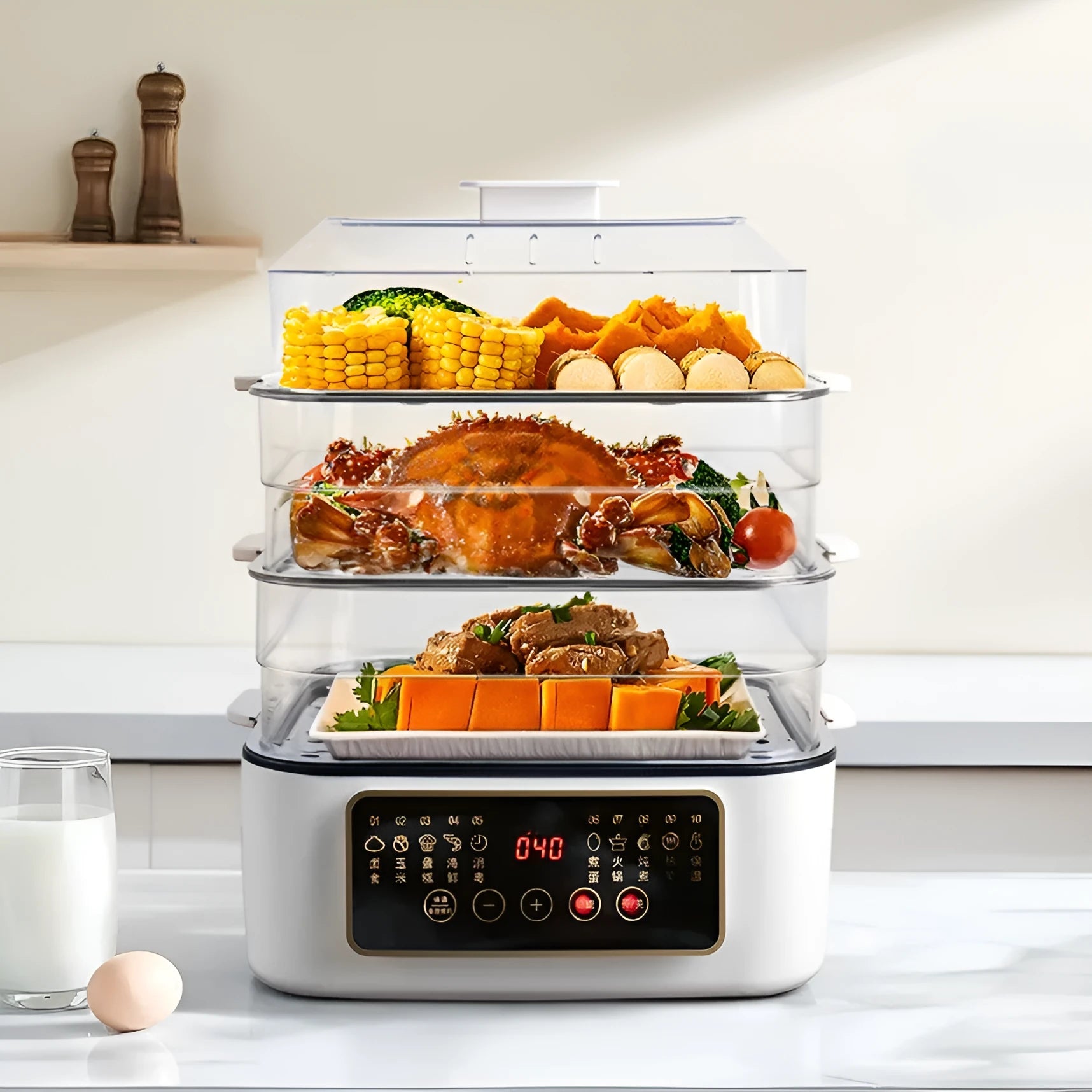 Household electric food steamer with stainless steel rack showing 10-litre capacity and control panel.