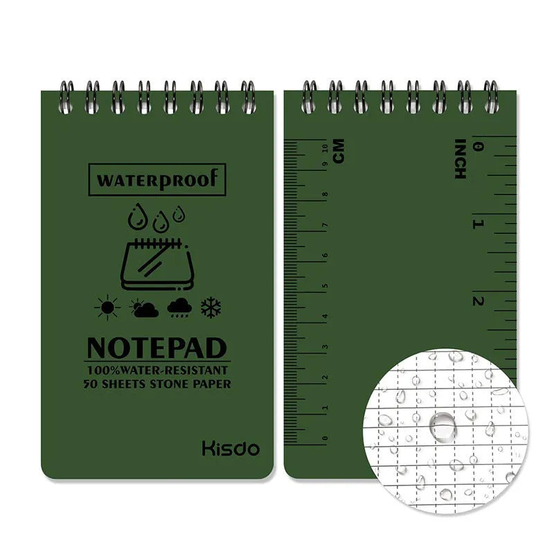Spiral-bound waterproof office notepad showing stone paper pages and PP cover in camouflage pattern