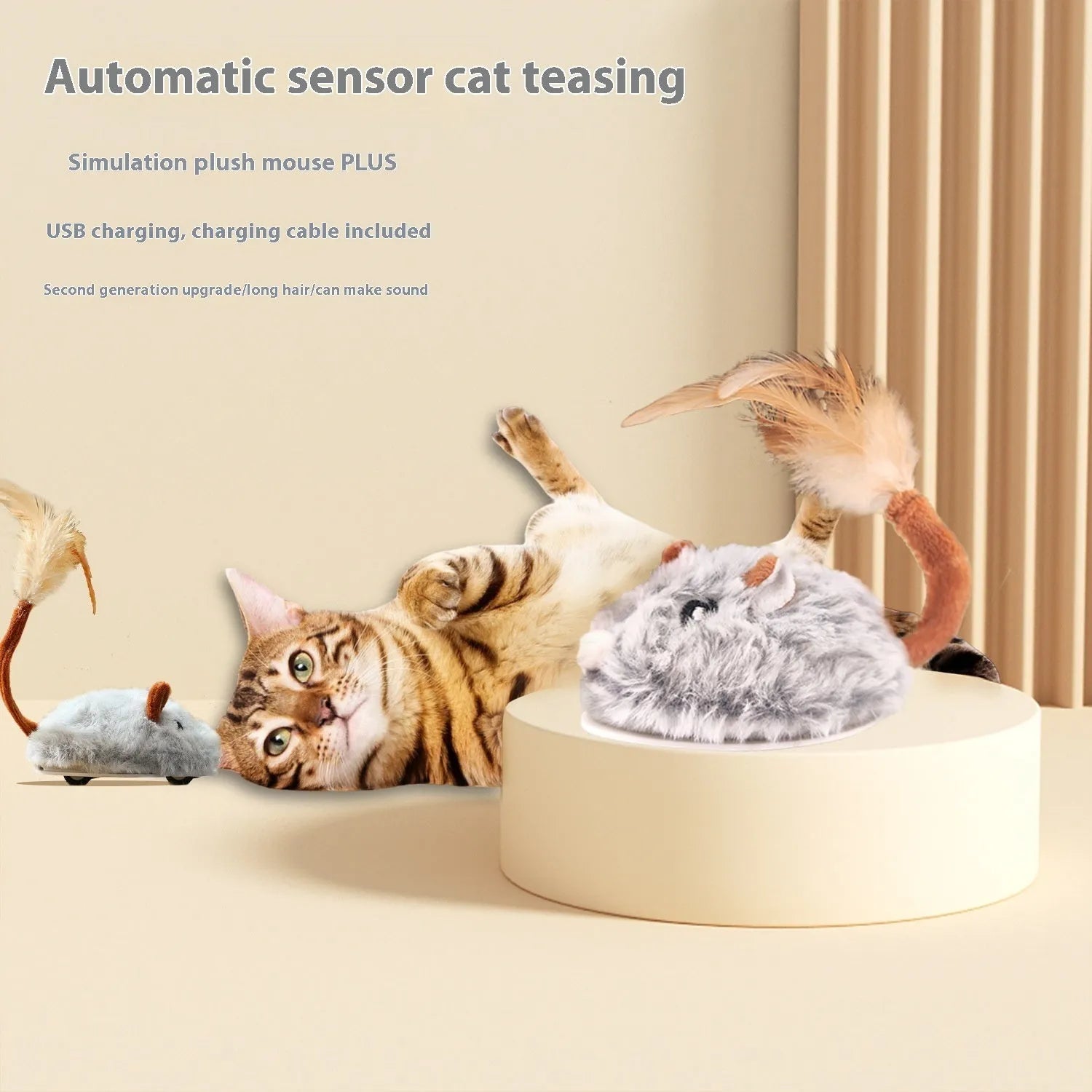 Electric cat pole toy with plush mouse in pink, gray or purple colours