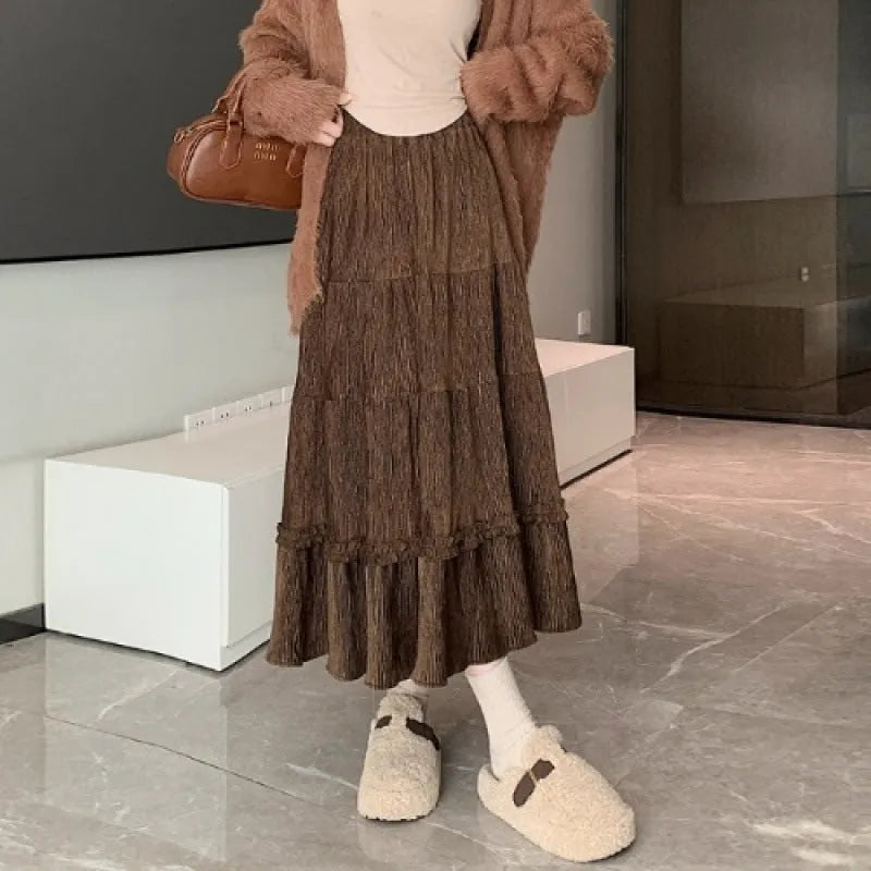 Corduroy A-line midi skirt with elastic waistband in solid colour options