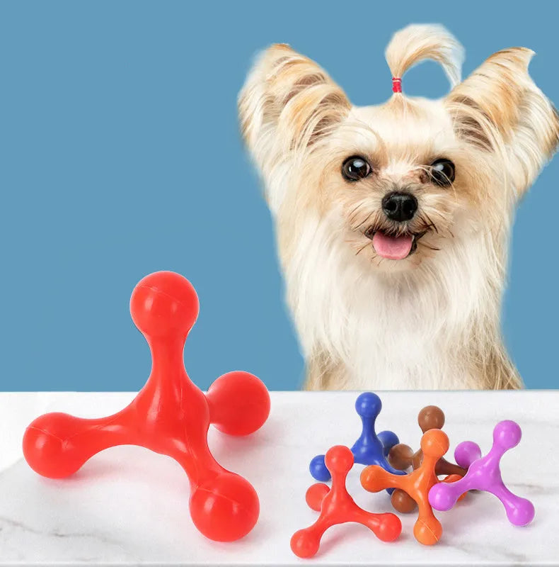 Silicone puppy chew toy with three legs in assorted colours for teething relief
