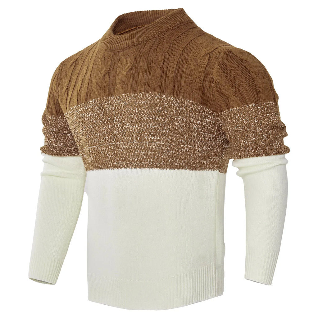 Men's casual colour block long sleeve cable knit pullover sweater in blue, crew neck and textured knit