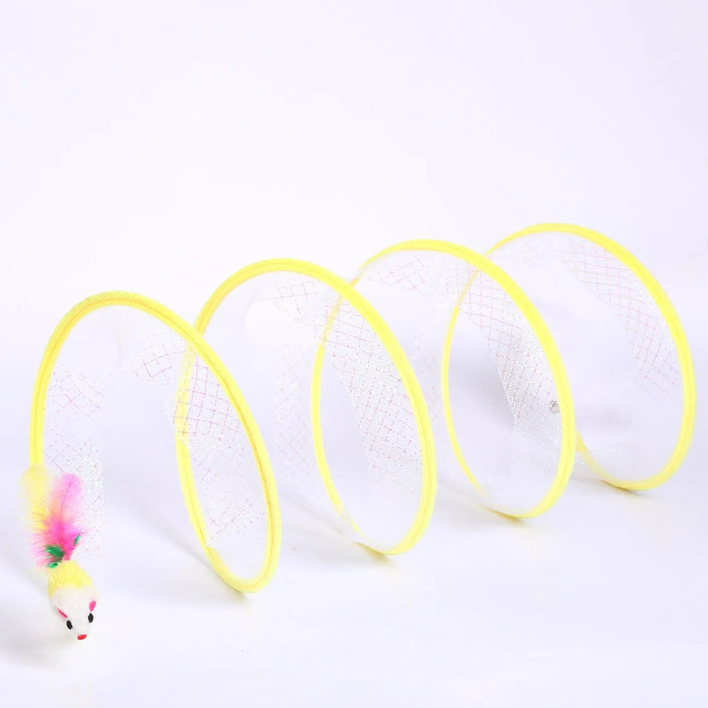 S-type cat tunnel toy with steel frame, elastic mesh, and feather attachment for feline enrichment