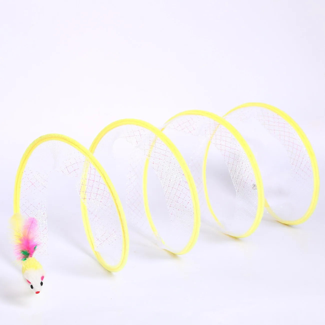 S-type cat tunnel toy with steel frame, elastic mesh, and feather attachment for feline enrichment