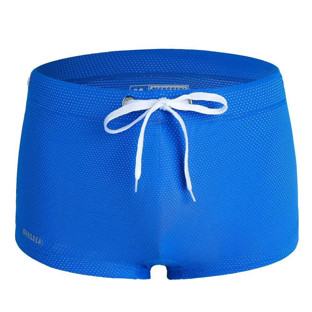 Men's low-waist boxer style swimming trunks with lace detailing in nylon fabric