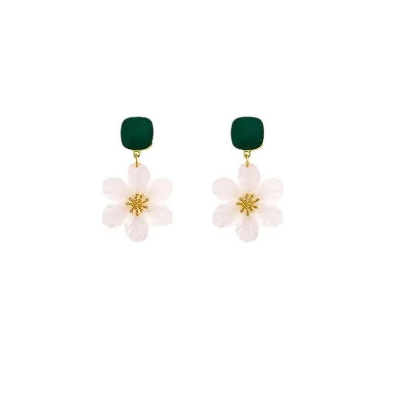 Dark green alloy floral earrings with needle flowers design for women
