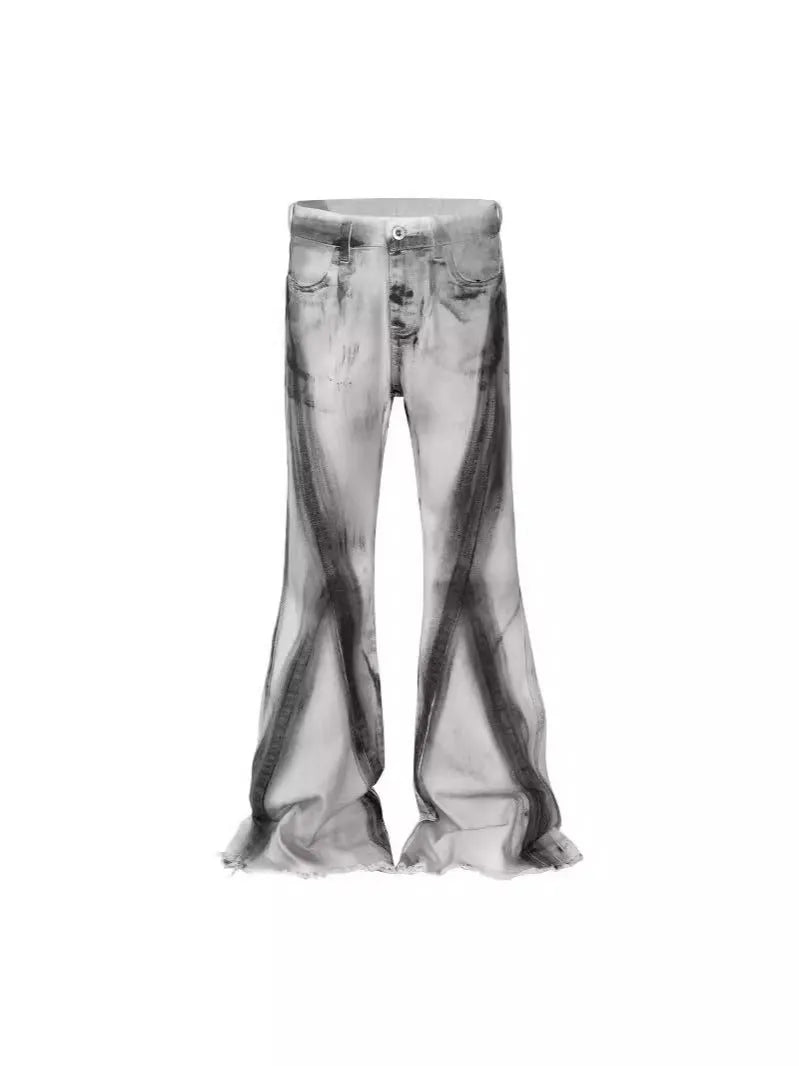 Men's white American street retro selvedge jeans with black ribbon gradient detailing and zip fly