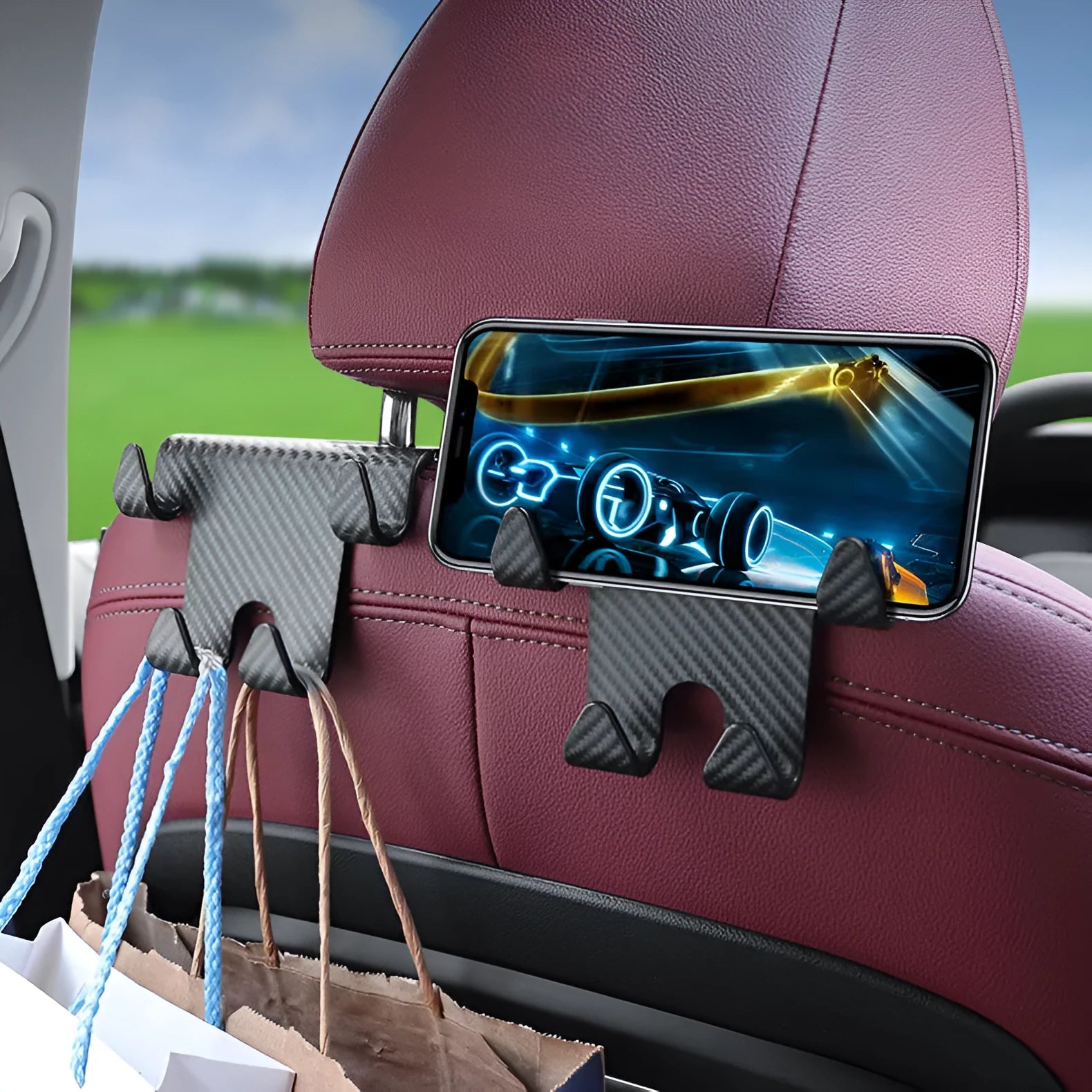 Black ABS plastic car multifunction hook bracket with integrated mobile phone holder