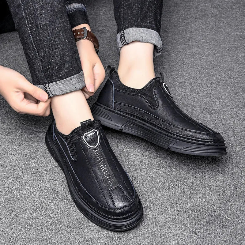 Men's black and brown leather casual shoes with round toe design displayed side by side