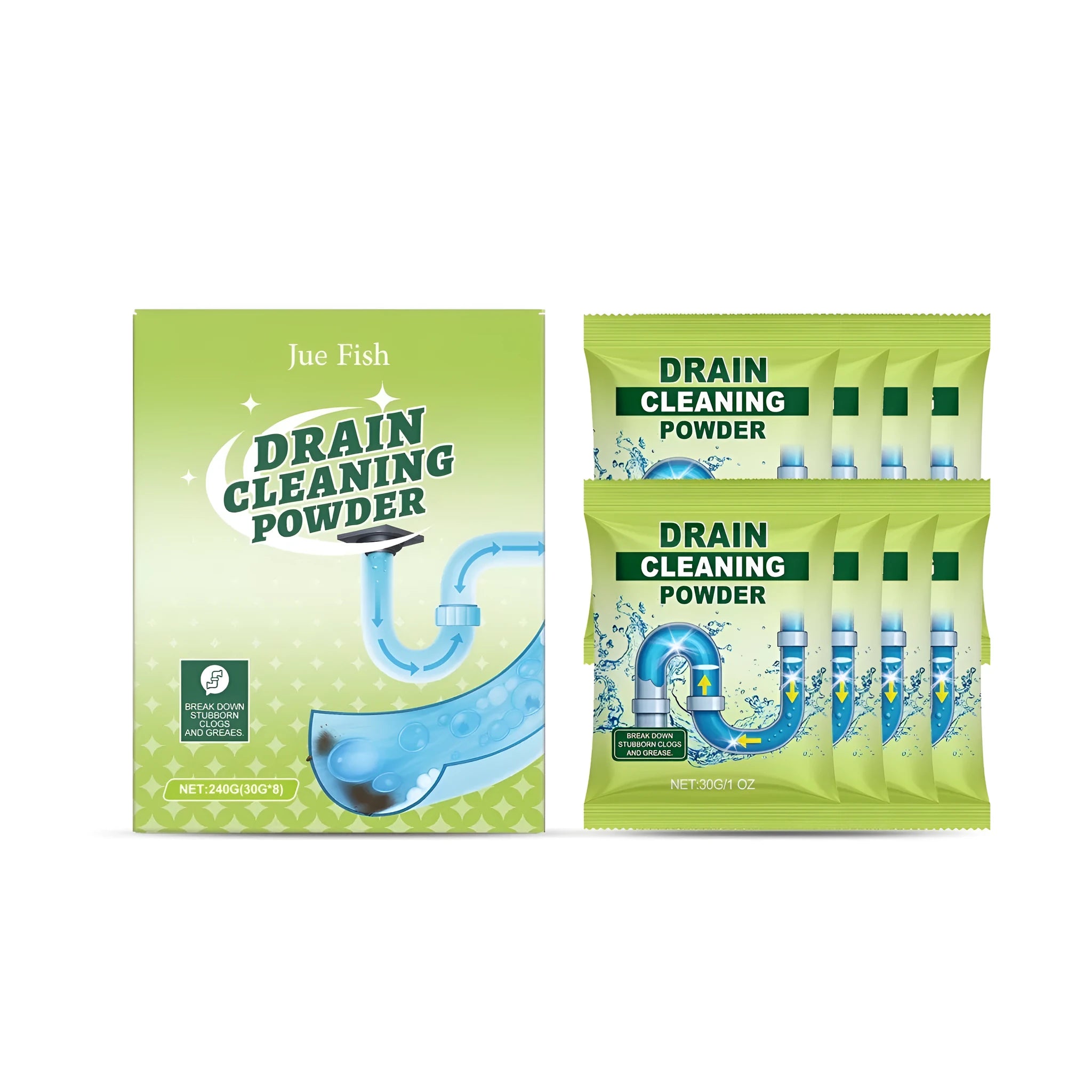 Box of drain cleaning powder containing eight 30g sachets, 240g total weight.