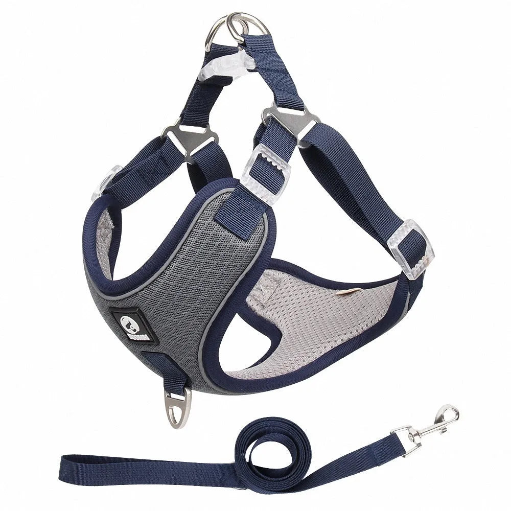 Adjustable breathable dog harness with reflective piping in black, red, grey, or light purple colour options