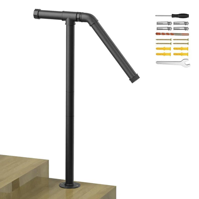 A black metal ladder support bracket for American minimalist household stairs.