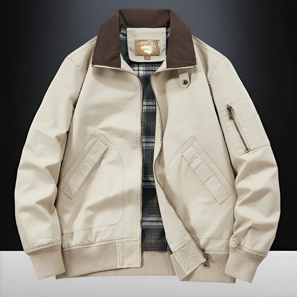 Men's plus size washed cotton baseball jacket shown in Camel colour on a hanger.