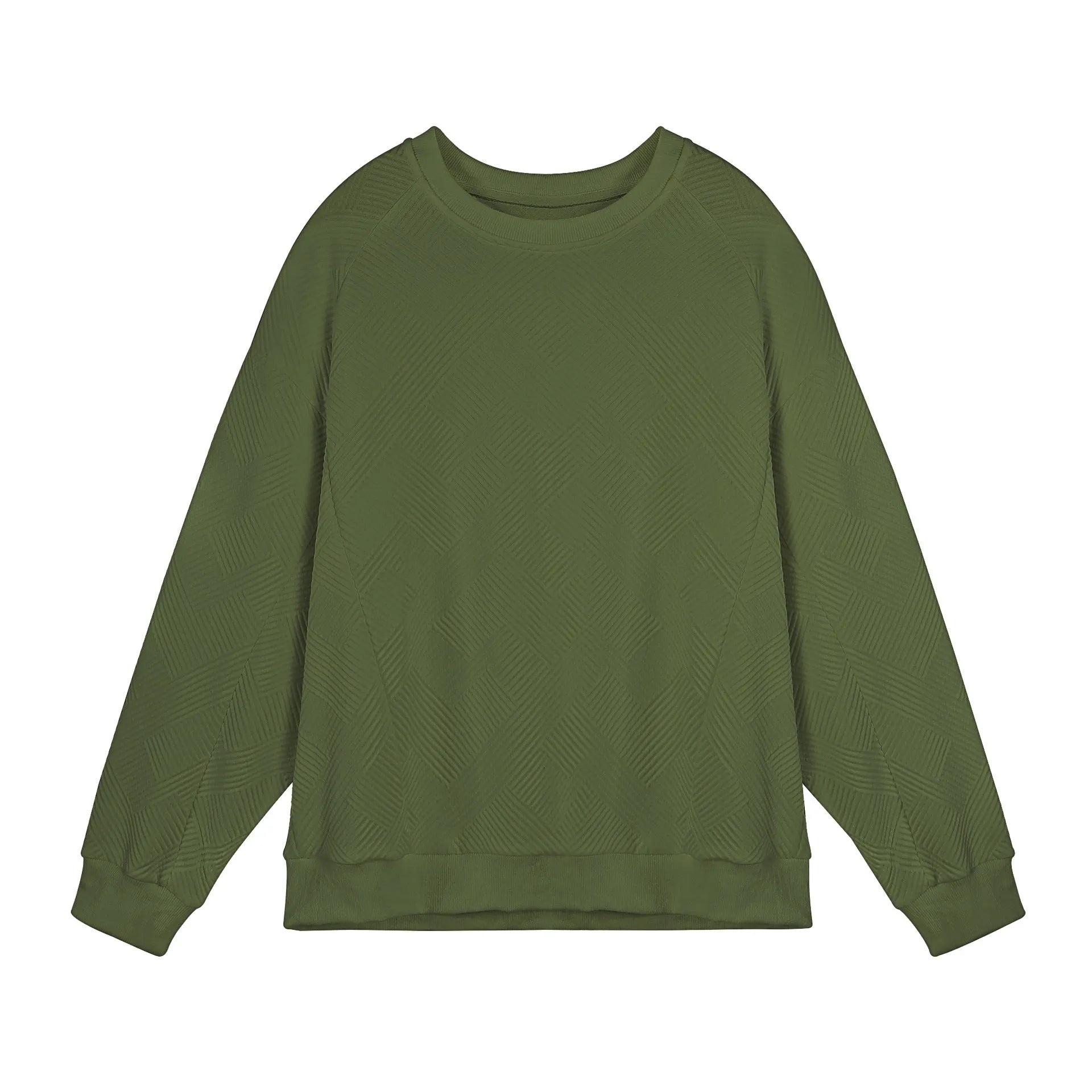 Man wearing a loose-fit army green twill jacquard long-sleeved pullover sweater.
