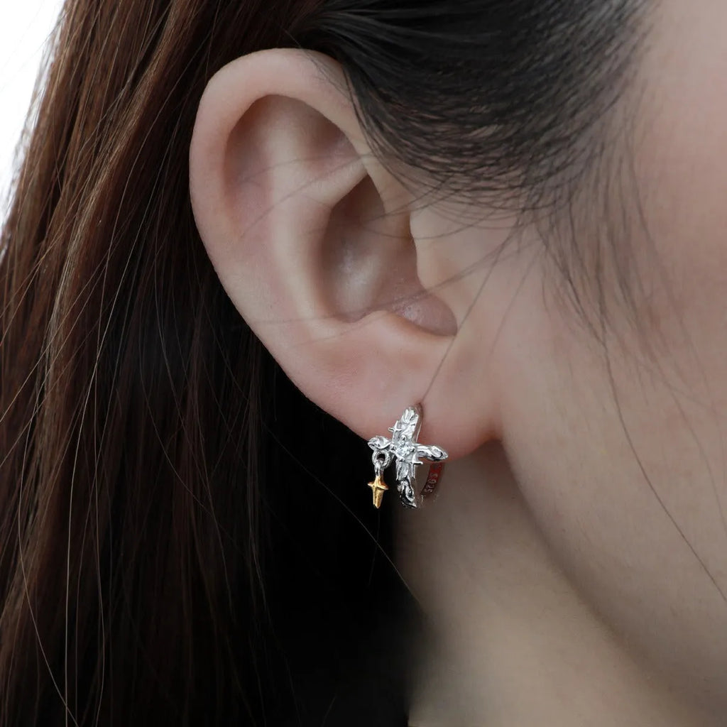 925 silver geometric cross earrings with white gold electroplating and round detailing
