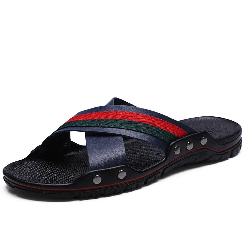 Men's cowhide leather beach sandals with non-slip PU soles in white, blue, and black colours