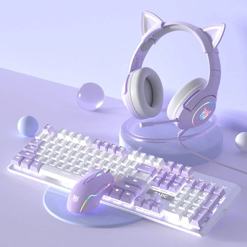 White and purple mechanical keyboard and mouse wired combo set with backlight illumination